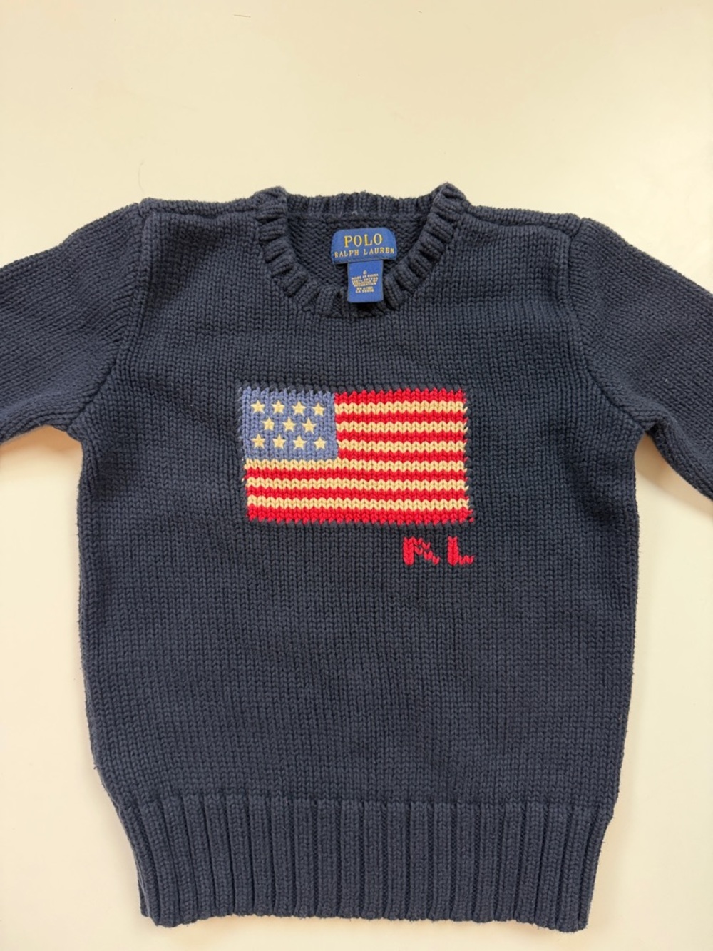 Polo by Ralph Lauren Navy Knit Crewneck Sweater with Flag Motif - Boys Size 6 - Picture 3 of 5